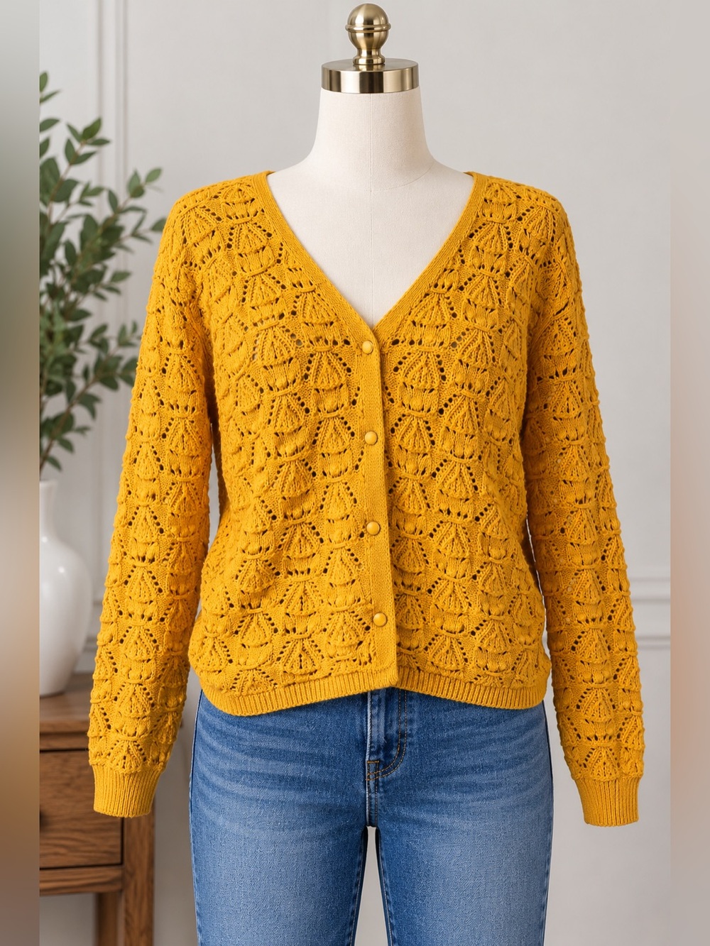 Sézane Mustard Yellow 100% Cotton Openwork Knit Button Front Cardigan L